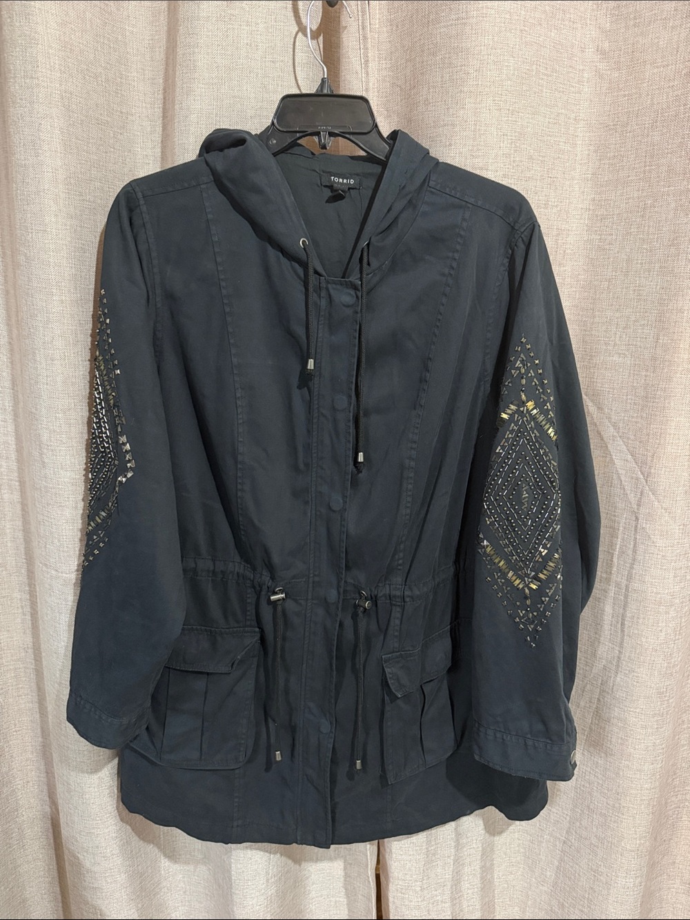 Torrid Black Hooded Utility Jacket with Embellished Sleeves